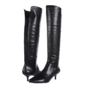 Nine West Classic Black Leather Over Knee Boots Kitten Heel Pointy 7.5  7 1/2